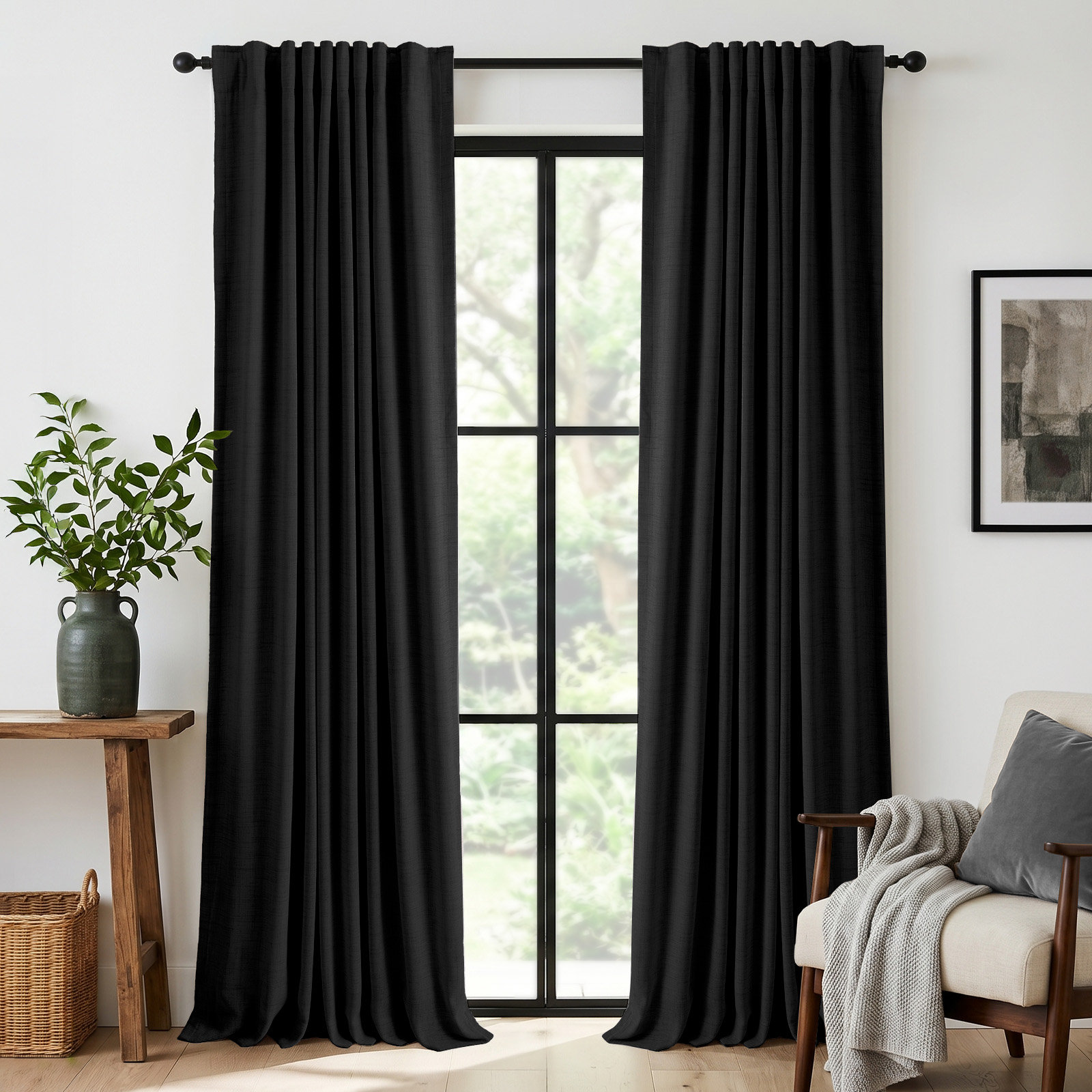 Graciella Faux Linen Blackout Curtain Set, Black, 42" W x 45" L