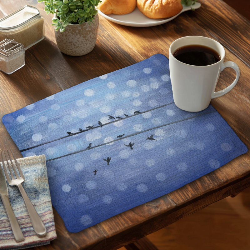 Ensemble de 4 napperons oiseaux en polyester tressé bleu ciel scintillant