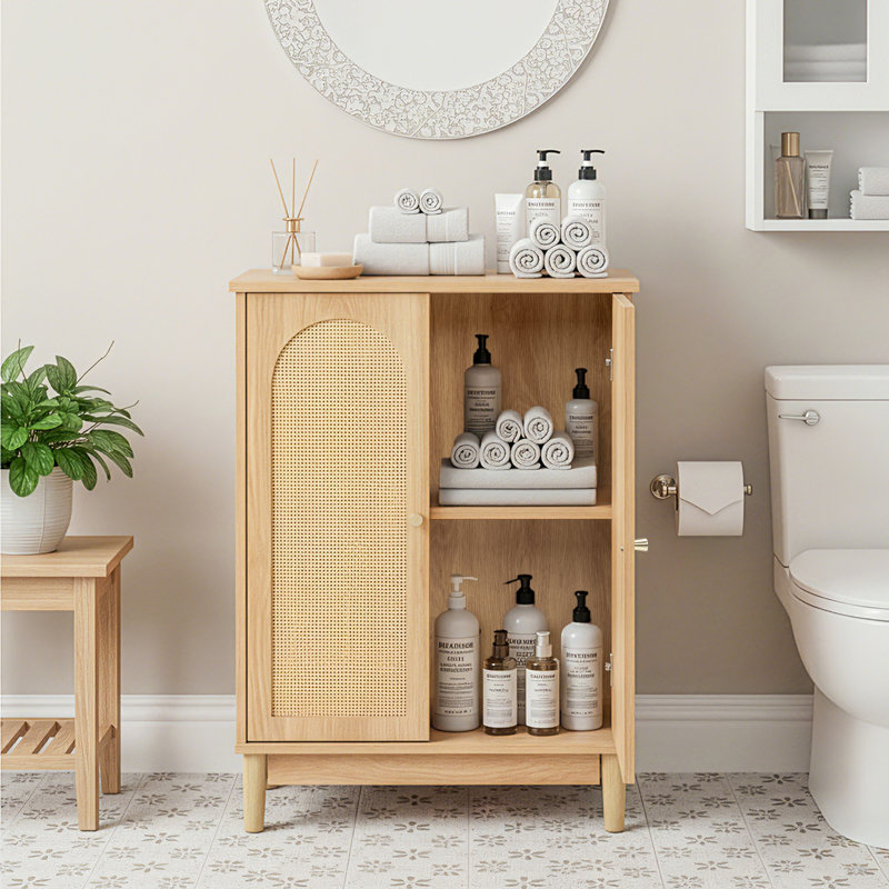 Armoire de salle de bain en bois originale avec surface en rotin et portes doubles