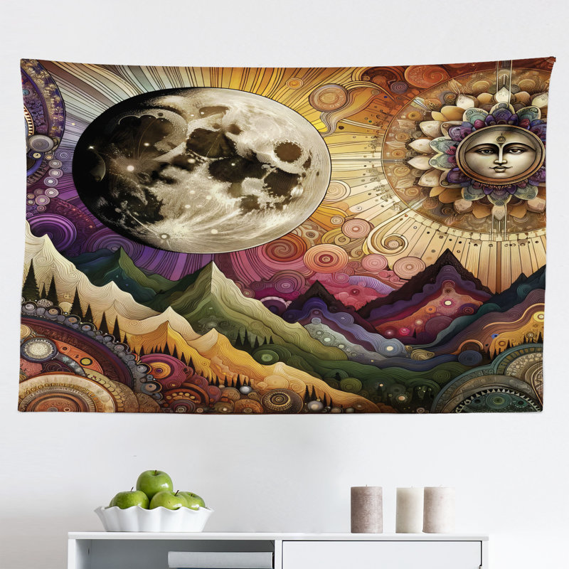 Winston Porter Boho Wall Hanging Tapestry Sun and Moon Psychedelic Scene Indigo Reseda Green Beige, H 30 po x l 45 po