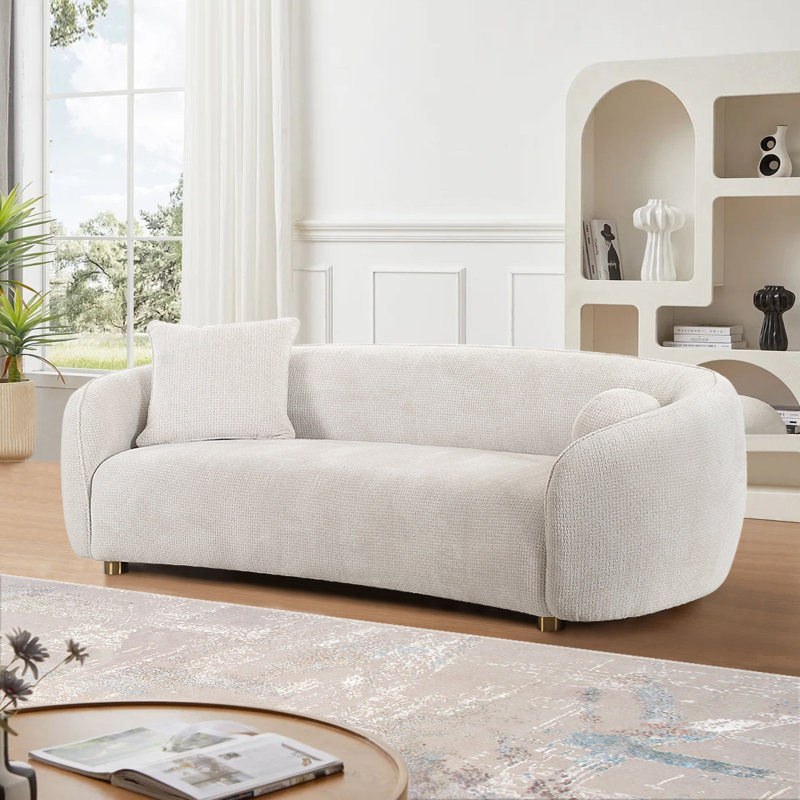 Ivory Fabric Round Arm Modern Loveseat with Wood Legs