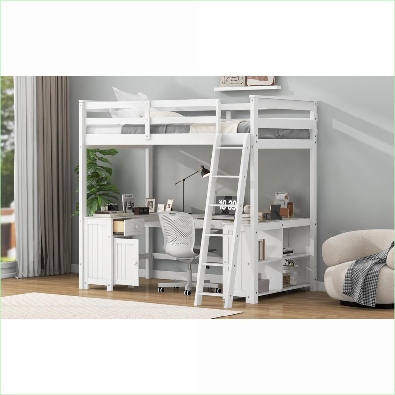 Lit mezzanine double en bois de pin avec rangement en U blanc pour espaces compacts, Blanc