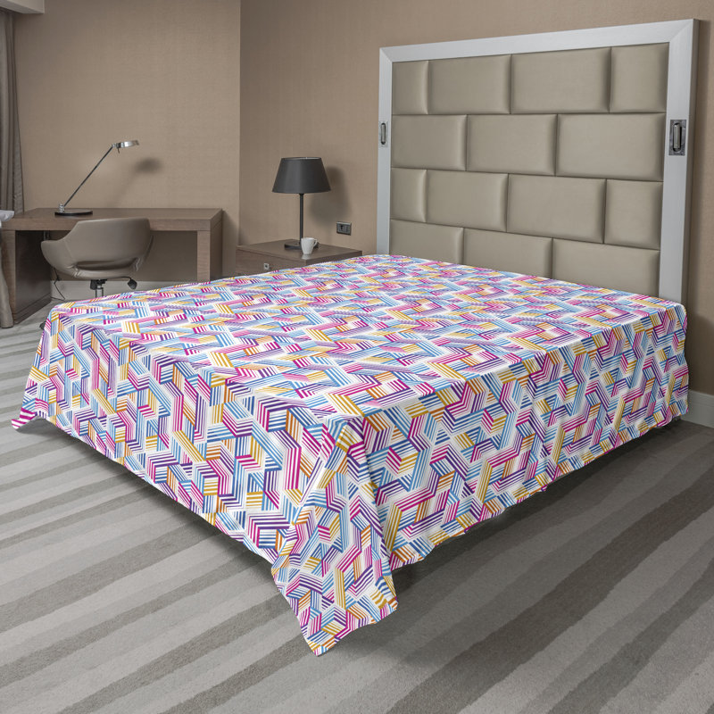 Drap plat moderne de style bohème Ambesonne, Rose vif / bleu ciel / motif géométrique orange, Drap plat de taille très grand