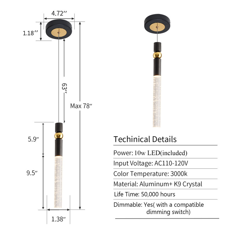 Mini-luminaire suspendu en cristal 1 lumière Lykan, Black