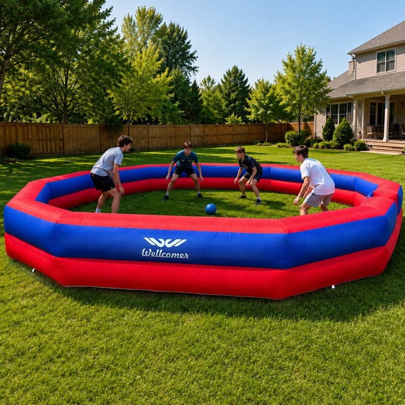 Fosse à balles GaGa 2 couches avec souffleur interne Wellcomer 22FT, terrain portatif léger pour les jeux dans la cour, les écoles et les loisirs en famille - rouge et bleu