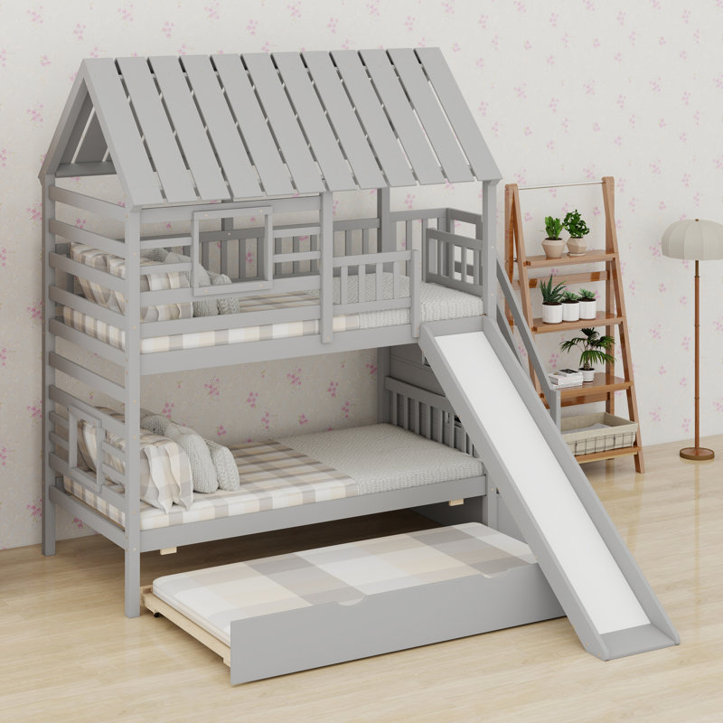 Pine Wood House Bunk Bed With Pull-Out Trundle , Slide Storage Staircase ,Roof And Window, Gray