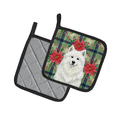 White Samoyed Christmas Poinsettas Pair of Pot Holders