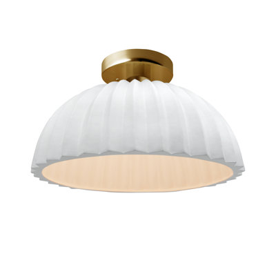 Radiance - Pleated Dome Semi-Flush - Gloss White (outside and inside of fixture) - Brushed Brass - Replaceable Bulb
