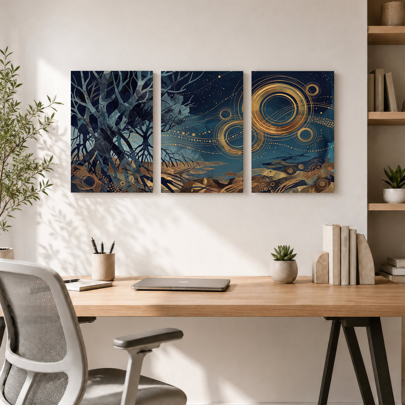 Ensemble de 3 toiles surréelles et anneaux dorés en bleu foncé, 24"H x 16"W x 3pcs
