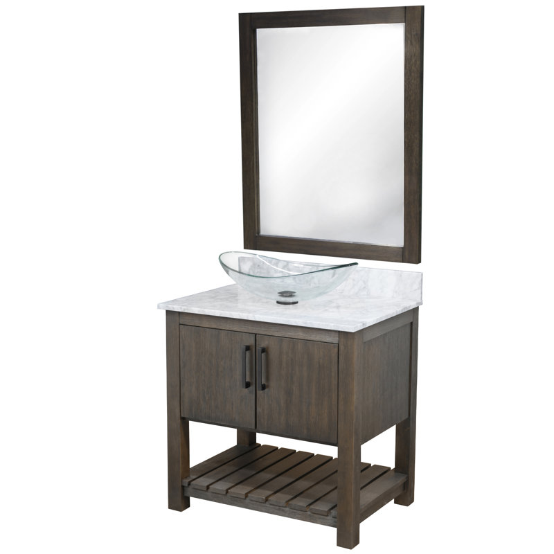 Meuble-lavabo simple de 30 po avec comptoir en marbre de Carrare, lavabo vasque en verre, miroir et quincaillerie noir mat