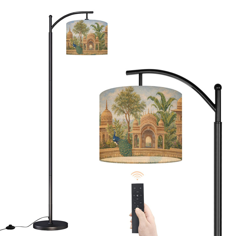 Lampe sur pied à arc avec abat-jour réglable, temple traditionnel indien, complexe de jardin, singe, paon, lampe sur pied, 3 températures de couleur, intensité variable, grand mât avec interrupteur au pied pour la chambre à coucher