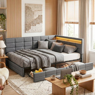 EU Single & Double Linen Daybed with LED & USB Charging, L-Shaped Headboard & Side Drawers, Beige/Grey, 90/140x200cm