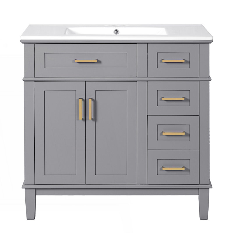 Meuble-lavabo moderne avec lavabo en céramique, portes à fermeture douce, 4 tiroirs, Gris