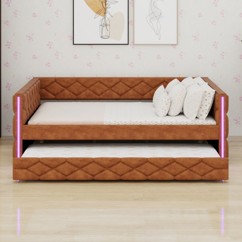 Upholstered Platform Sleeper With Pull-Out Trundle And LED, Brown