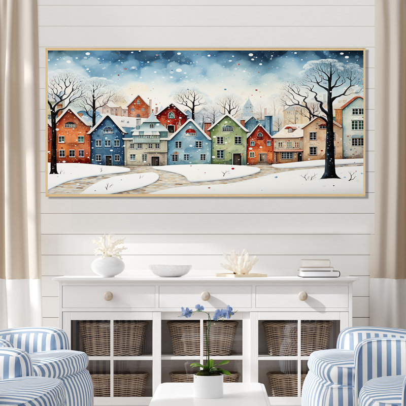 Multicolor Frosty City In Winter I - Winter Landscape, art mural, Cadre flottant brun, H 28 po x l 60 po x P 1,5 po