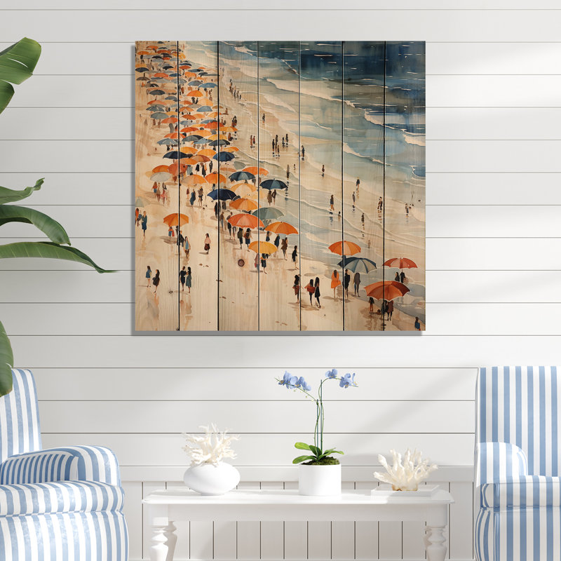 «Orange Umbrella Beach Day Tranquitt III - Beach People On», reproduction de bois, H 15 po x l 15 po