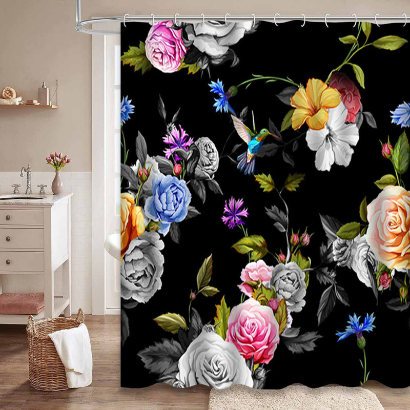 Rideau de douche avec 12 crochets Humming Bird Roses, L 72 po x l 78 po