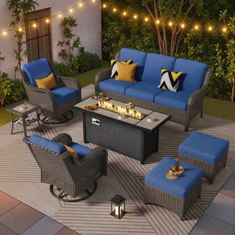 7-person Outdoor High Back Seating Group With Cushions,swivel Rockers And Fire Pit,all-weather Wicker Patio Set, Brown, Navy