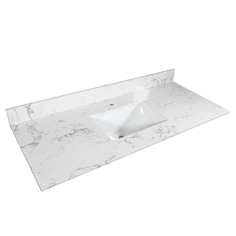 Meuble-lavabo en pierre reconstituée de 43 po x 22 po - couleur marbre blanc, lavabo rectangulaire encastré en céramique, dosseret, trou de robinet