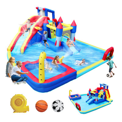 Parc aquatique gonflable 10-en-1 avec glissade et rebond - Aire de jeu extérieure pour enfants avec piscine et mur d'escalade
