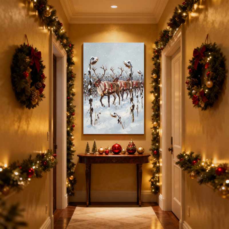 Ensemble de 3 impressions sur toile renne de Noël tirant un traîneau dans un champ enneigé, H 24 po x l 16 po