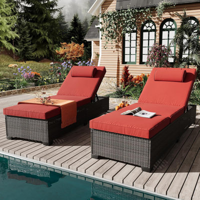 Patio Chaise Lounge Chairs Set of 2, PE Wicker with Adjustable Backrest, Storage Table Included, Rattan, Outdoor Poolside Furniture