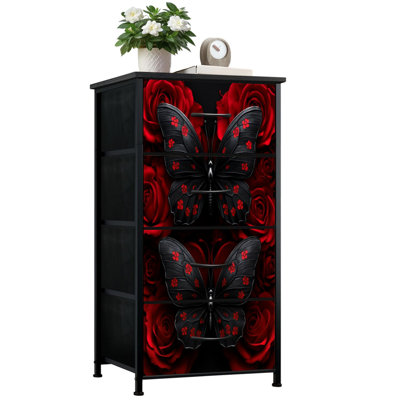 Commode pour la chambre à coucher avec 4 tiroirs de rangement Papillons noirs Motifs floraux rouges Roses rouges Commodes d'art romantique gothique Commode en tissu avec cadre en acier pour vestibule