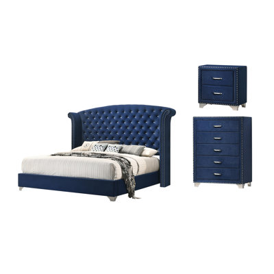 Chantel Pacific Blue 3-Piece Upholstered Bedroom Set with Chest -  CDecor Home Furnishings, 223148Q-S3C