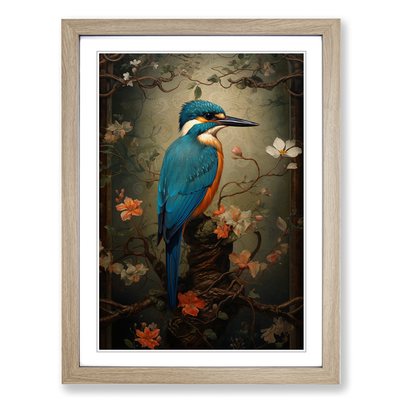 Kingfisher Victorian No.2 - Single Picture Frame Print on Wood, Oak Framed, 64cm H x 46cm W