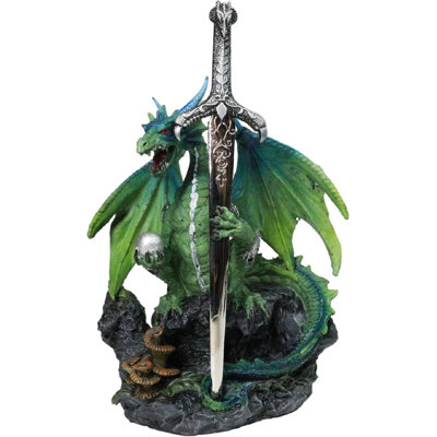 Green Dragon Holding Silver Orb And Draconian Sword Letter Opener Figurine