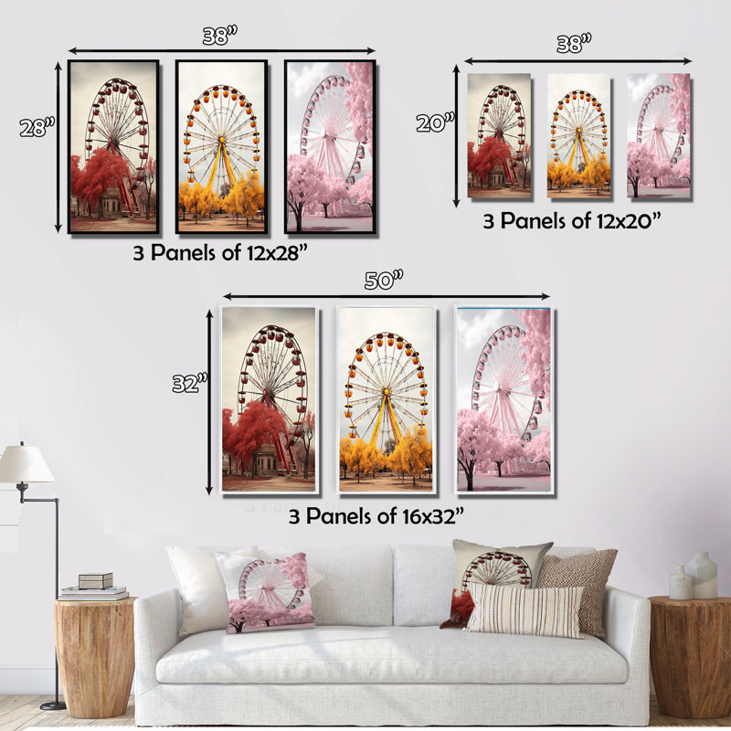 «Red Ferris Wheel Whirling Memories», 3 pièces sur toile, H 20 po x l 36 po, Encadrement doré
