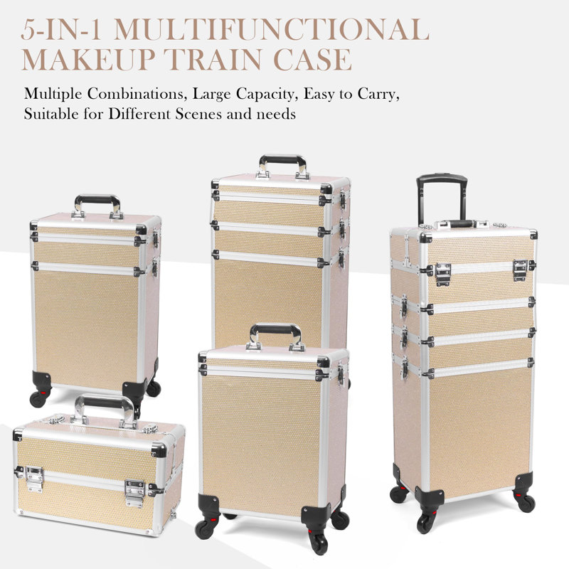 Stylish Rolling Makeup Case With Wheels, 5-In-1 Transformable Cosmetic Trolley With Crystals