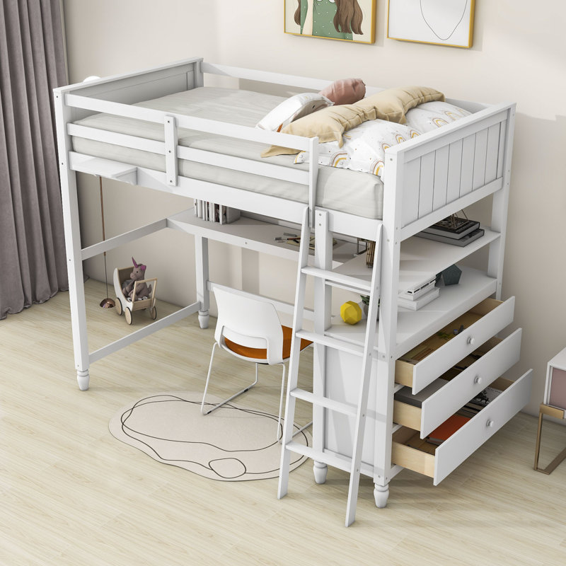 Halid Kids Twin 3 Drawers Wood Loft Bed with Desk and Shelves, White