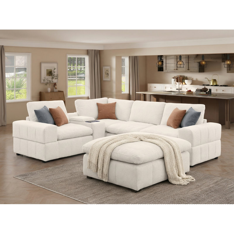 Two Colors Fabric Modular Sectional With Wireless Charging (6 Piece), Beige Polyester;Chenille