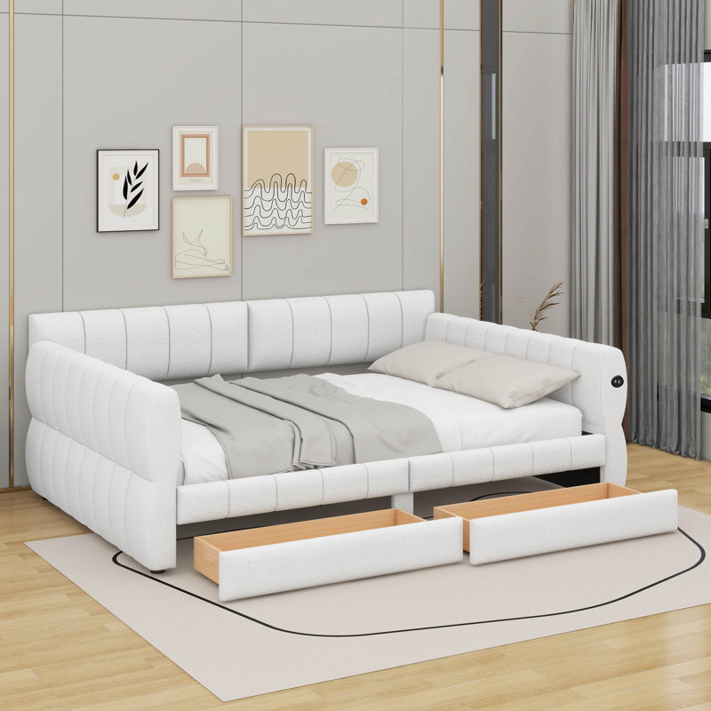 Queen Size Upholstered Platform Bed With USB And Drawers, White