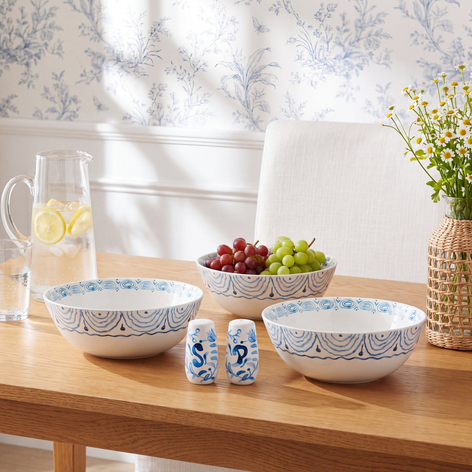 Fitz And Floyd Sicily Blue Serve Bowls And Salt And Pepper Set