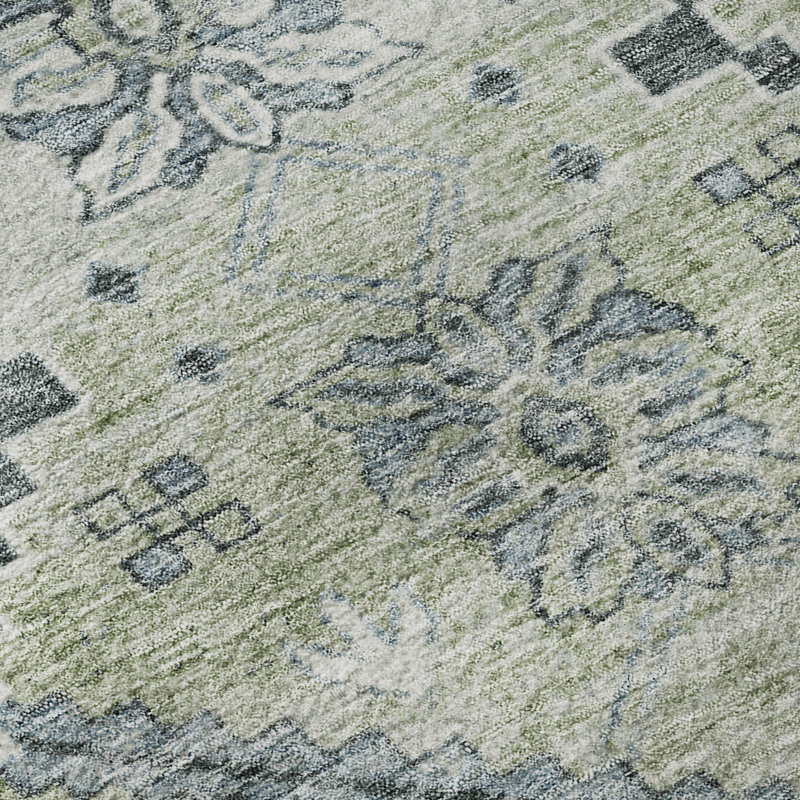 Premium Washable Green and Gray Synthetic Rectangular Rug