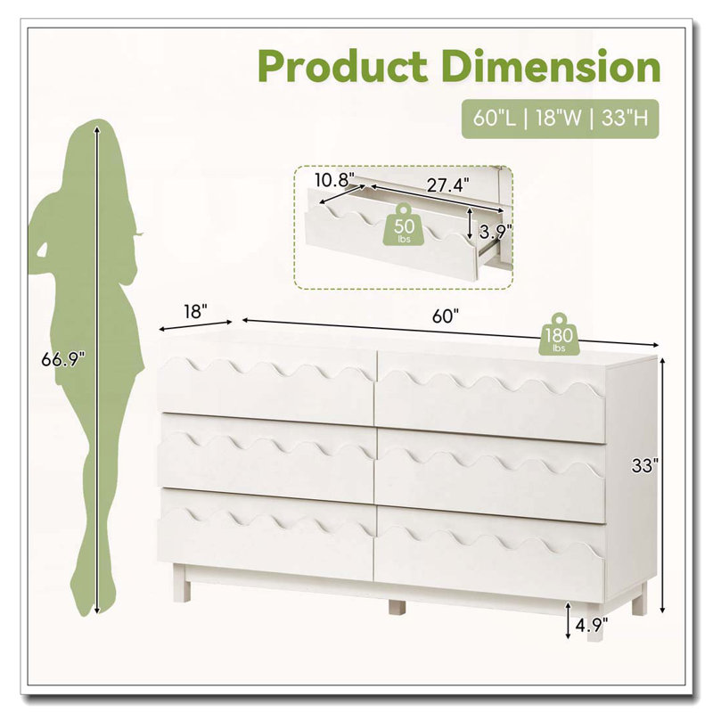 Commode 6 tiroirs 60 po, Ivory