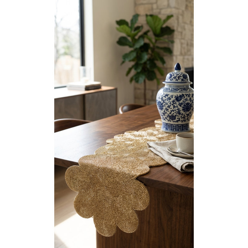 Liza Beaded Runner Scallop 36x14”, Gold