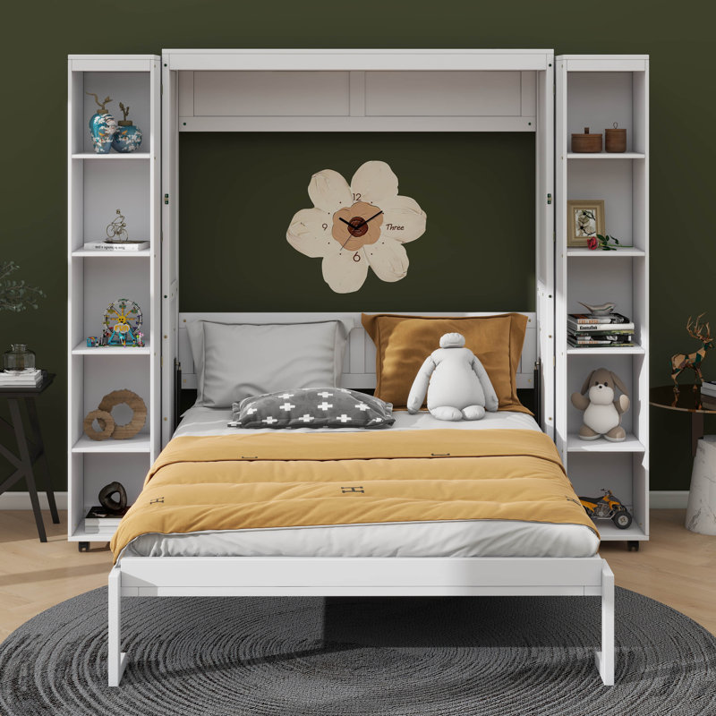 Grand lit escamotable mural avec portes de compartiment de rangement intégrées, Blanc