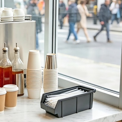 Présentoir à sachets de sucre en plastique FixtureDisplays® pour la restauration, noir, distributeur de garnitures pour bonbons, bacs de rangement en plastique, organisateur de comptoir à compartiment unique pour cafés, restaurants et bars A31F7A9209FE4D3CAB0ECAB210355F94