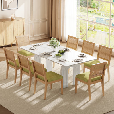 Ensemble de table et de chaises de salle à manger rectangulaires en rotin rembourré, 198 cm (78 po), style ferme mi-siècle, pour coin repas dans la cuisine.