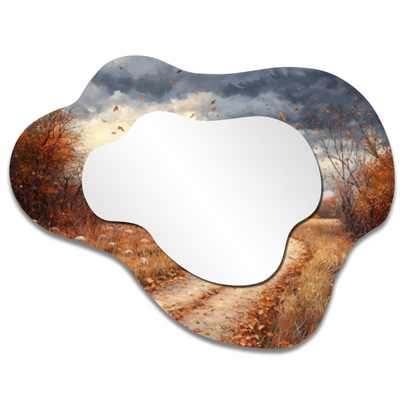 Windy Prairie Leaves, chemin vers la grange I - miroir asymétrique irrégulier à feuilles, miroir mural traditionnel, imprimé sur métal