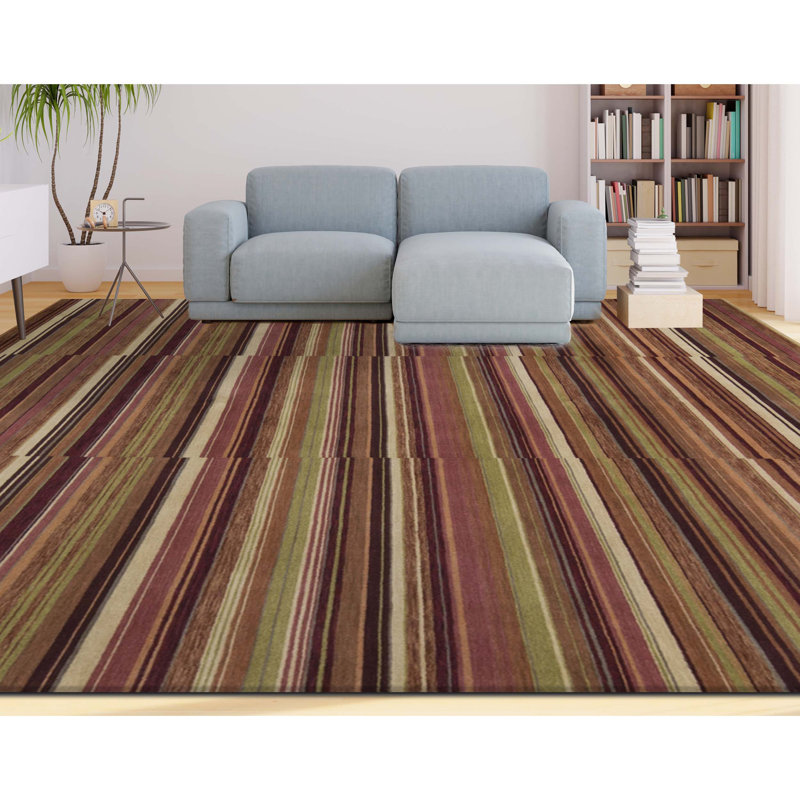 Gabbeh Wool Striped Area Rug in Orange/Dark Brown/Green/Beige, Rectangle 8'8" x 11'10"