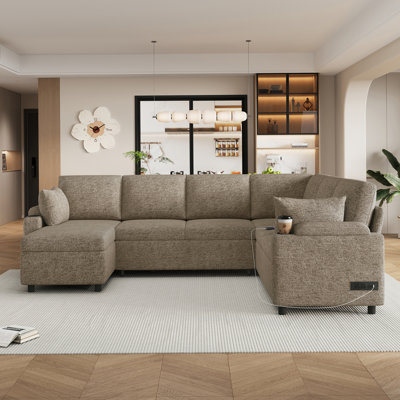 109.9" U-Shaped Convertible Sectional Sofa Bed With Storage, Cup Holders & Charging Ports