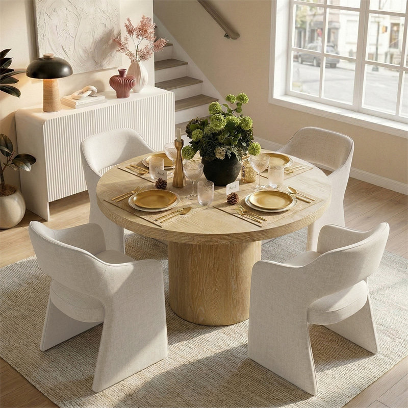 4 - Person Dining Table Sets With Solid Wood Round Table & 4 Upholstered Fabric Chairs, Beige, Natural