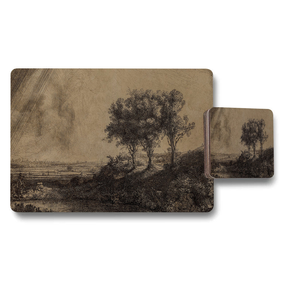 Vintage Landscape Placemat And Coaster Set With Rustic Trees