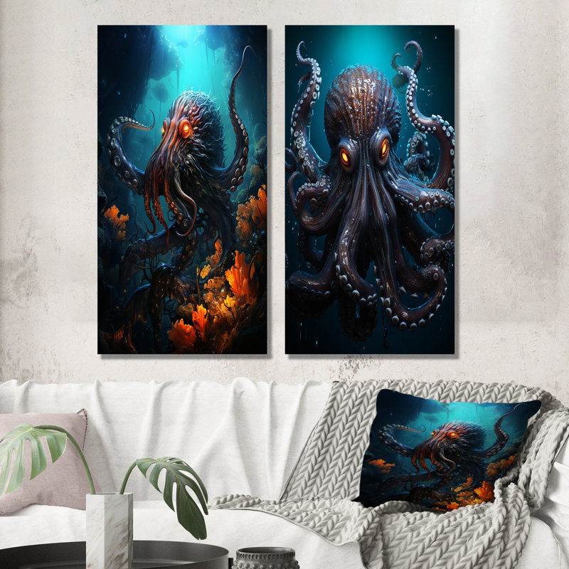 Superheros Octopus Warrior - ensemble de 2 reproductions d'art mural pieuvre / calmar, H 28 po x l 25 po, Toile tendue