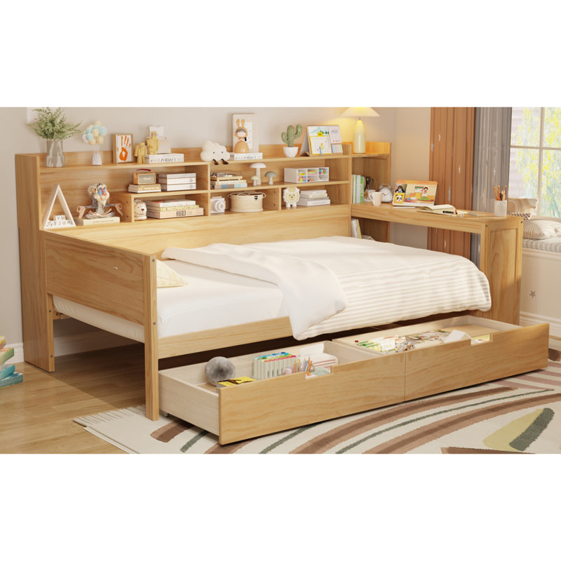 Lit de jour simple en bois avec tablettes de rangement, lit multifonctionnel avec 2 tiroirs de rangement et bureau d'étude, naturel (ancien SKU: N733S241484M)