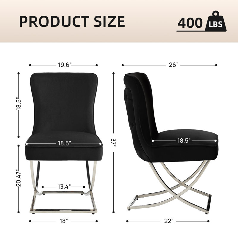 Chaise de salle à manger capitonnée en velours avec pieds en X argentés, Noir